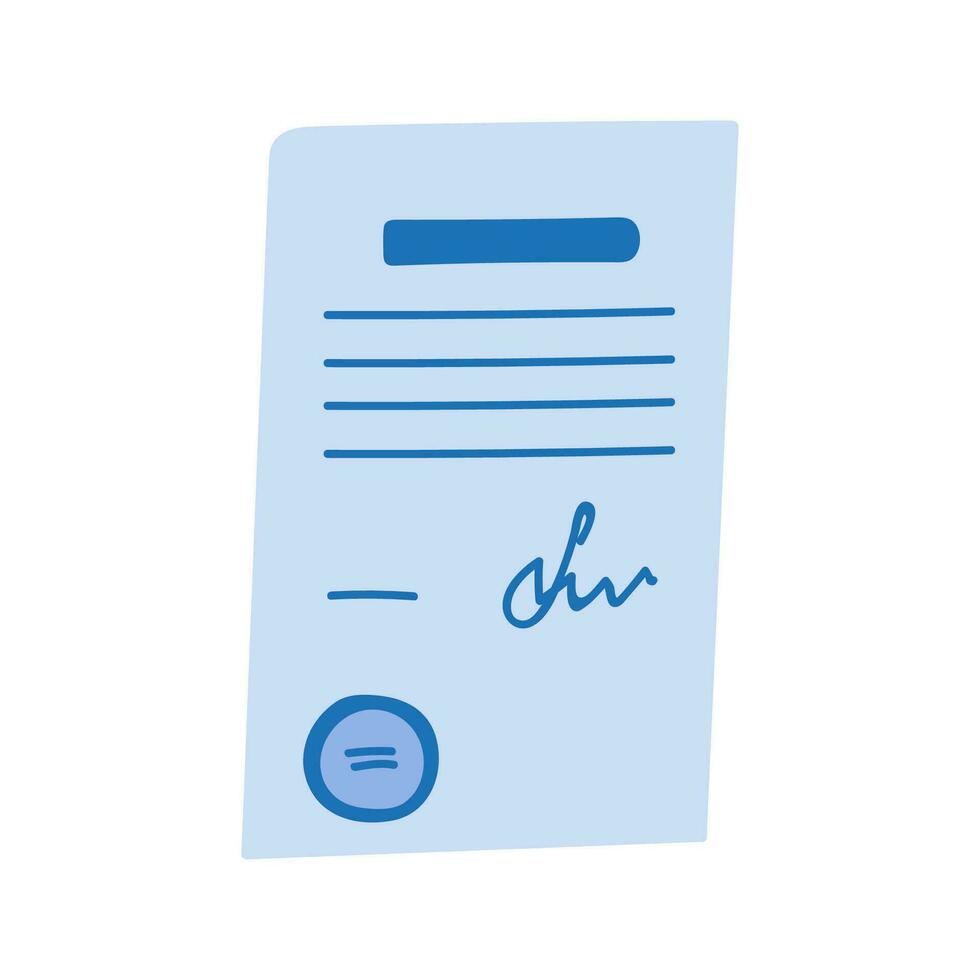 Cute and trendy business document in hand drawn style. Vector illustration isolated on the background. Paper with contract with stamp and signature.