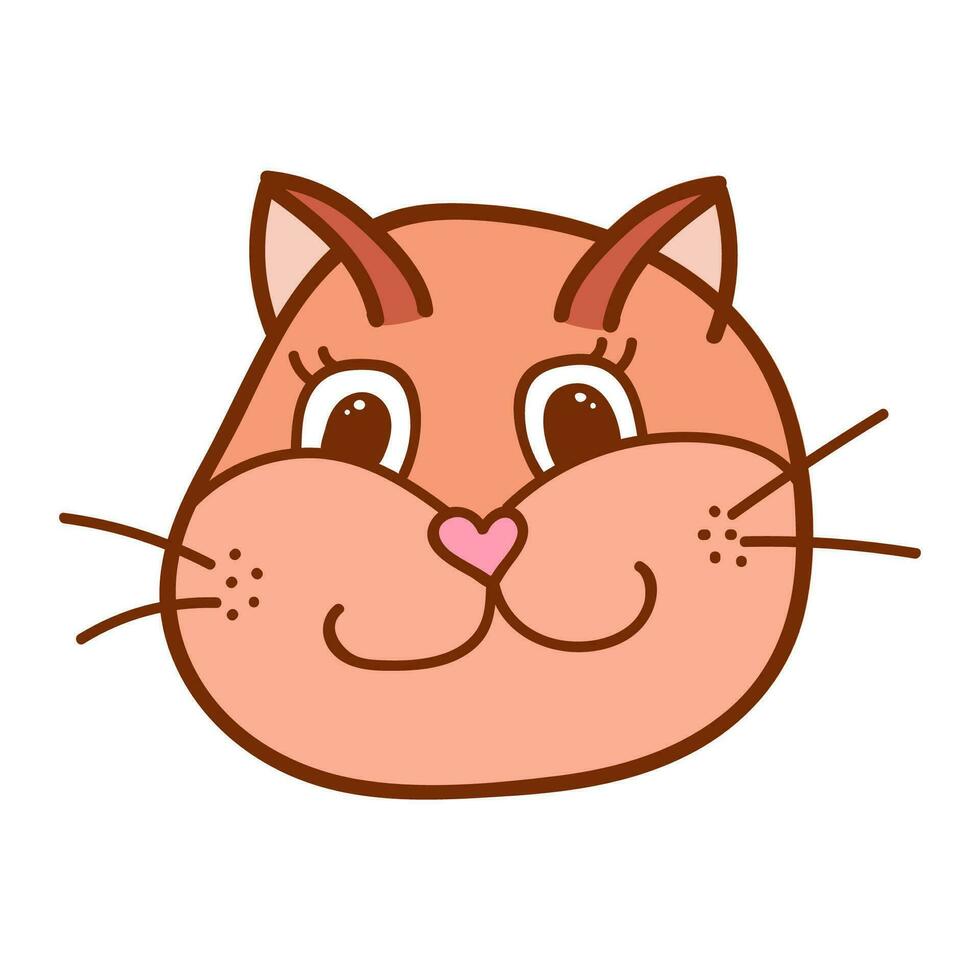 Funny, colorful and cute cat face close up. Vector doodle with hand drawn outline isolated on white background. Home pet illustration for stickers, planners, scrap elements, social media