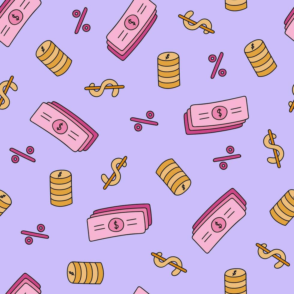 Cute and colorful vector seamless hand drawn pattern with money, cash, coins, dollar, percent. Can be used for, wrapping paper, bedclothes, notebook, packages, gift paper.