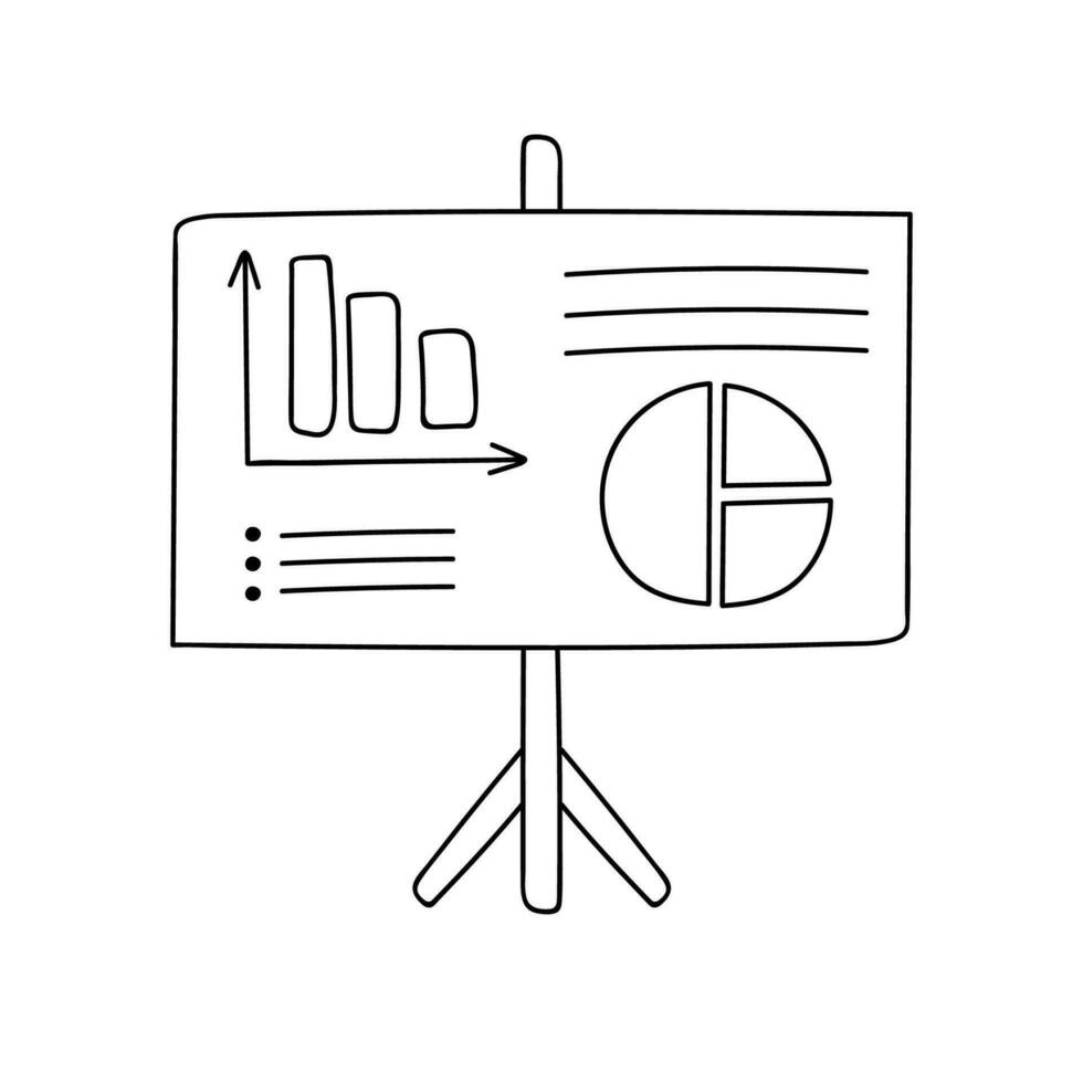 Cute hand drawn doodle of flipchart with list, chart, diagram. Infographic business element for presentations, reports. Vector illustration isolated on background with hand drawn doodle outline.