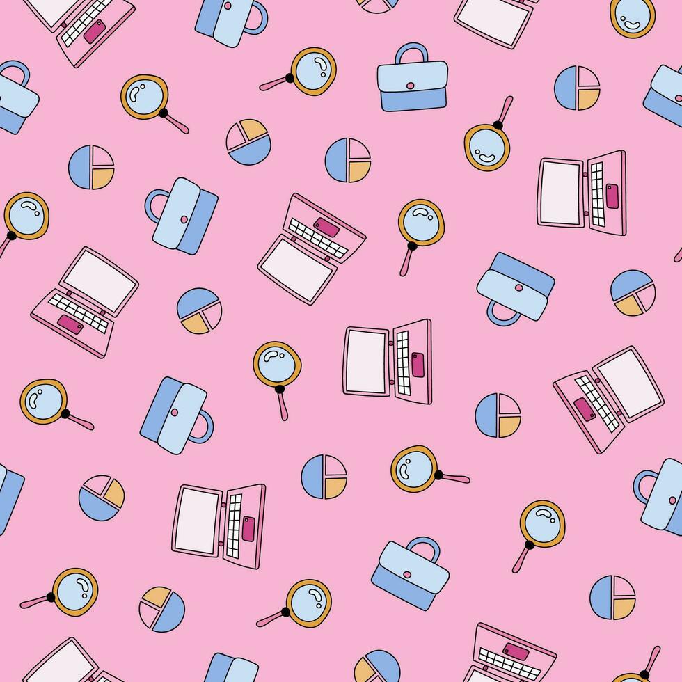 Cute and colorful vector seamless hand drawn pattern with laptop, diagram, briefcase, magnifier. Can be used for, wrapping paper, bedclothes, notebook, packages, gift paper.