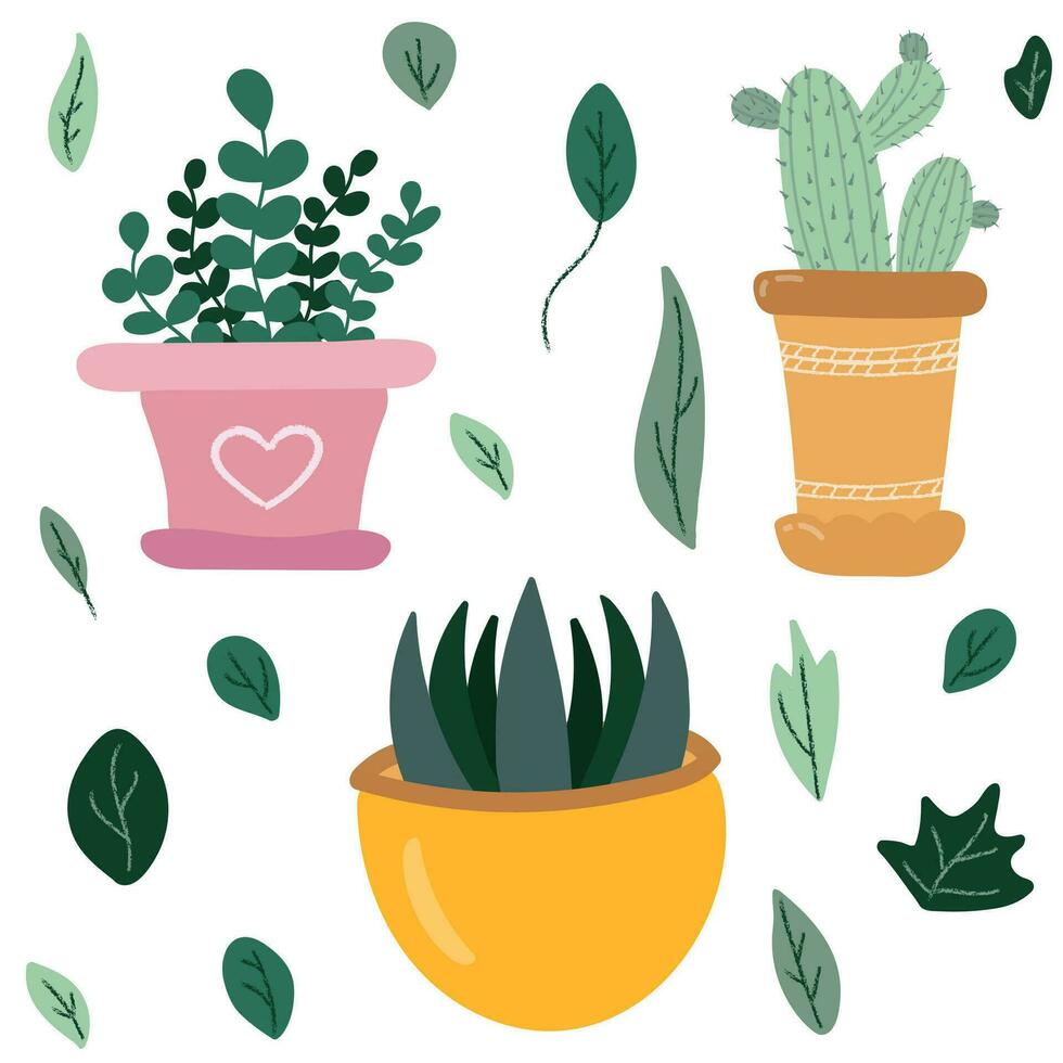 conjunto de mano dibujado plantas en el brillante colores, escandinavo estilo, cactus, ficus vector