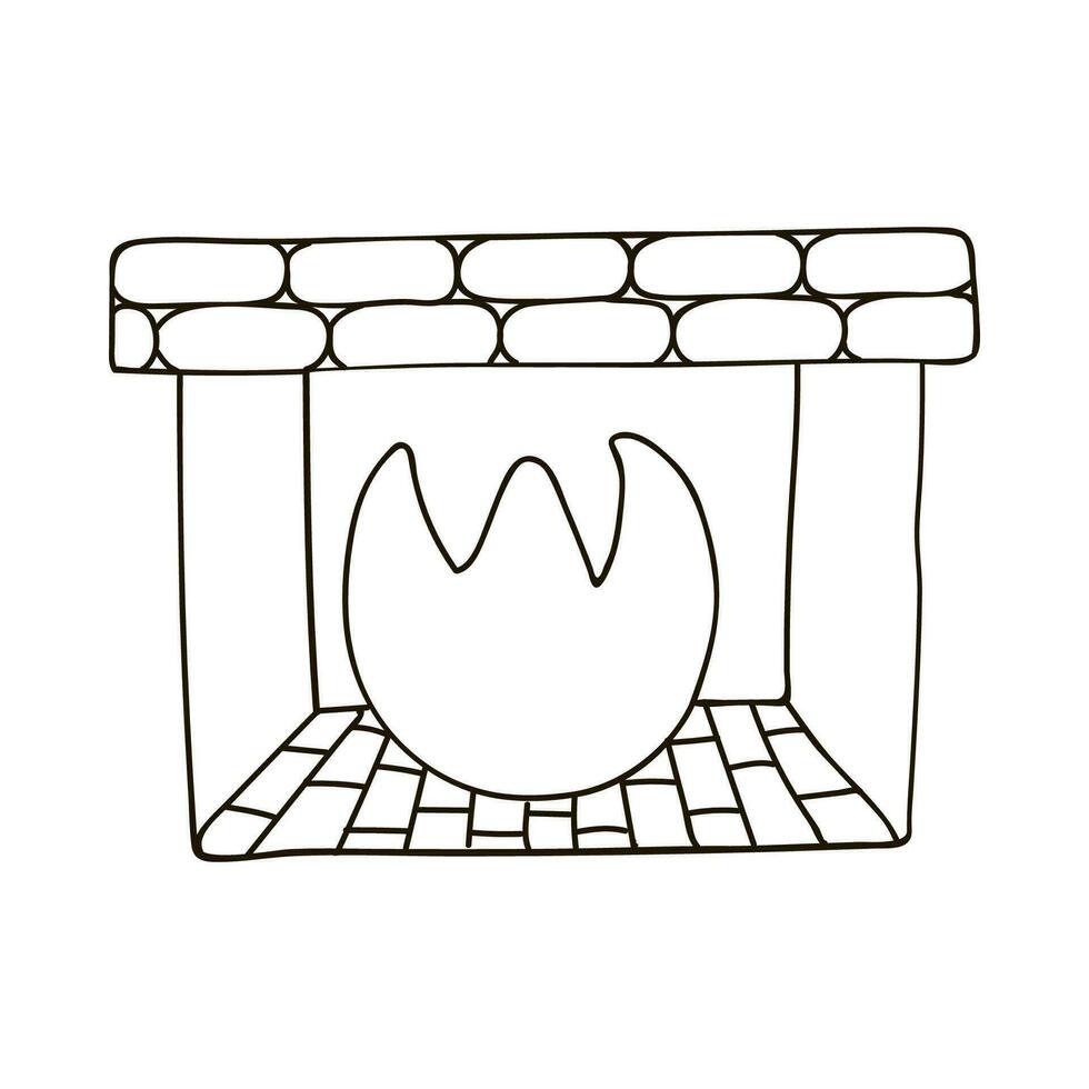 Hand drawn fireplace with fire and bricks for home interior. Christmas and winter sign, clipart in scandinavian style. Vector illustration with doodle outline isolated on background.