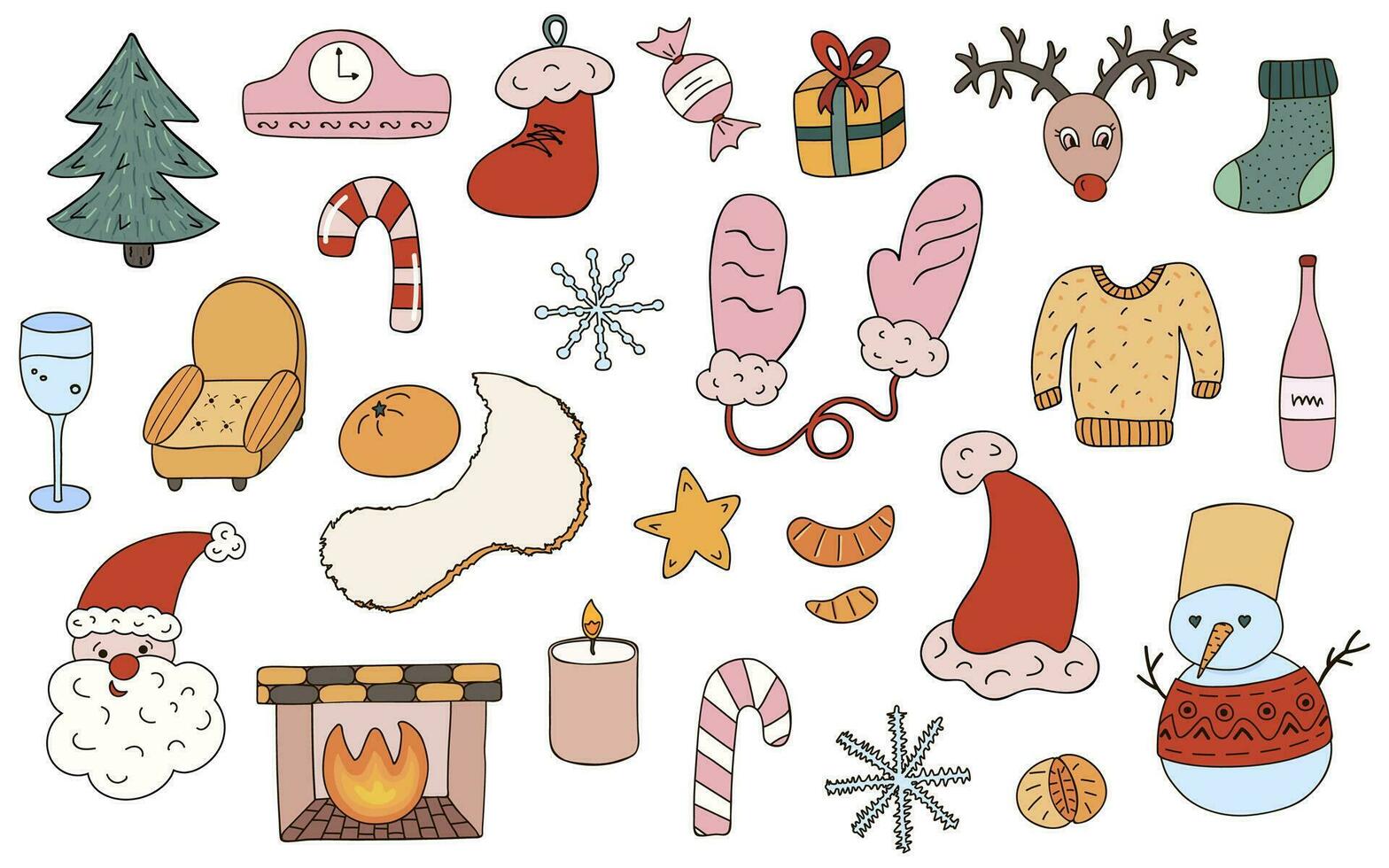 Big set of Christmas and New Year hand drawn elements. Vector illustrations. Cute christmas and winter signs and characters. Cliparts with outline isolated. For craft, fabric, sticker, scrap element.