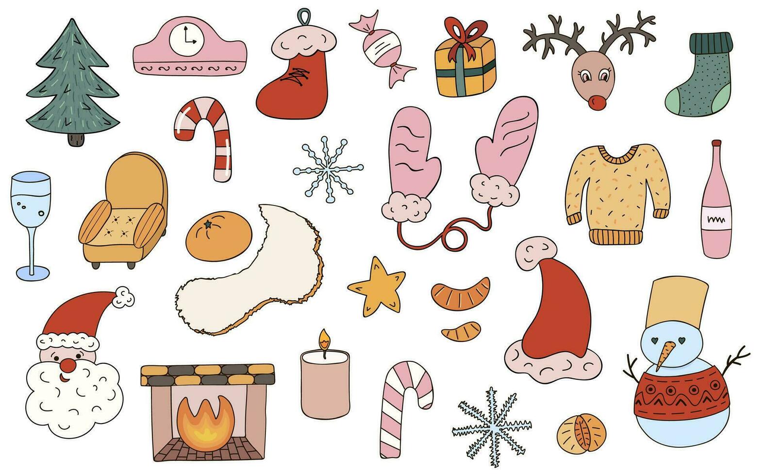 grande conjunto de Navidad y nuevo año mano dibujado elementos. vector ilustraciones. linda Navidad y invierno señales y caracteres. clipart con contorno aislado. para artesanía, tela, pegatina, chatarra elemento.