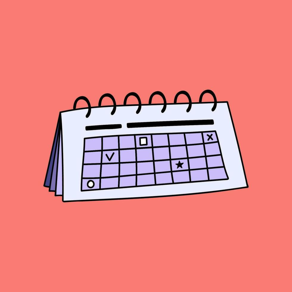 Trendy hand drawn calendar on rings in cartoon style. Business icon about time on project, deadlines, dates, achievement tasks on right time. Vector illustration isolated on the background