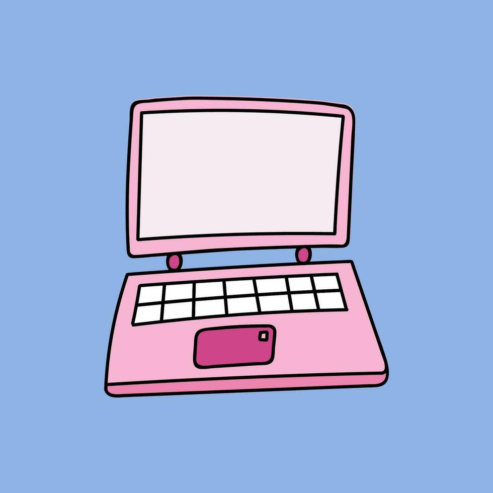 Cute hand drawn cartoon pink laptop with keyboard for business, communication, games. Device for office, working at home or at cafe. Colorful vector clipart illustration isolated on the background.