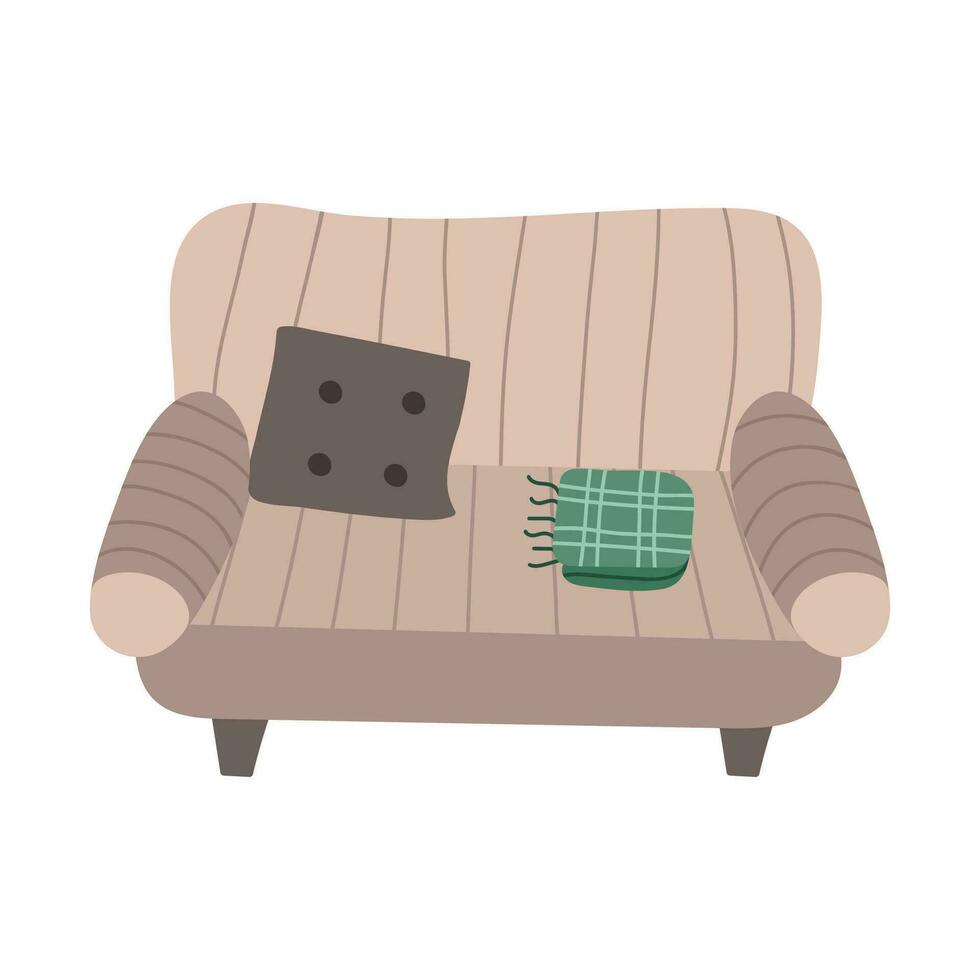 Cartoon stripped sofa, couch or settee with blanket and cushion. Furniture for living room interior in boho style. Hand drawn vector illustration in beige and green colors. Cozy domestic apartment.