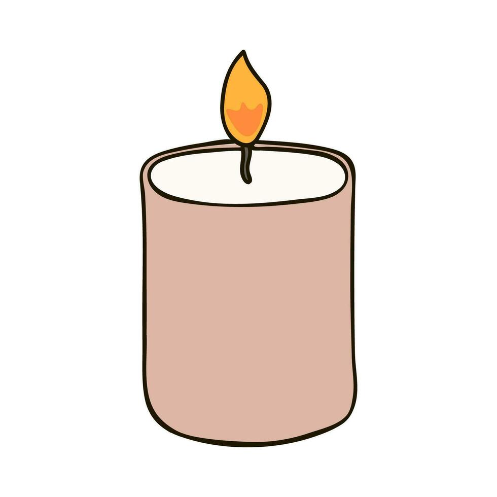 Hand drawn holiday candle with a flame in beige colors. Cozy clipart. Vector illustration with hand drawn outline isolated on background. Can be used for paper craft, fabric, sticker, scrap element.