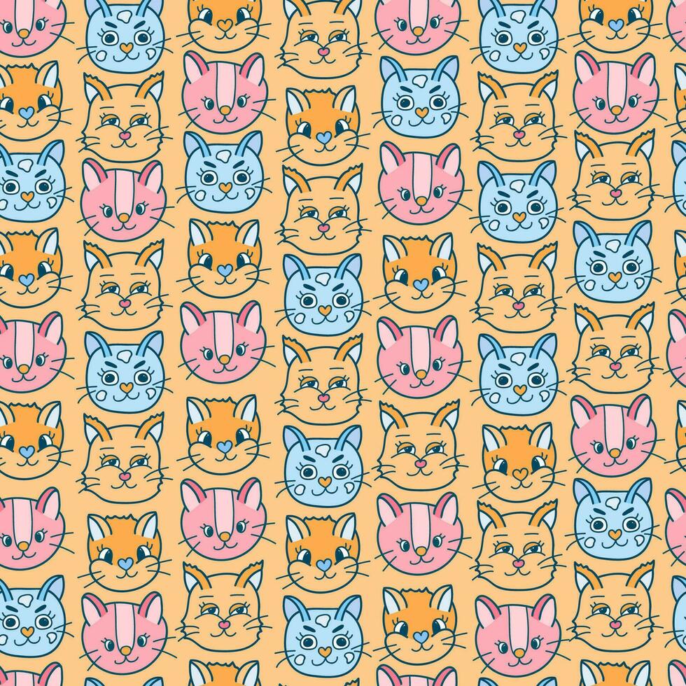Cute seamless pattern with funny and cute cat faces close up. Vector doodle kitty with hand drawn outline. Home pet backdrop can be used for wrapping paper, bedclothes, notebook, packages