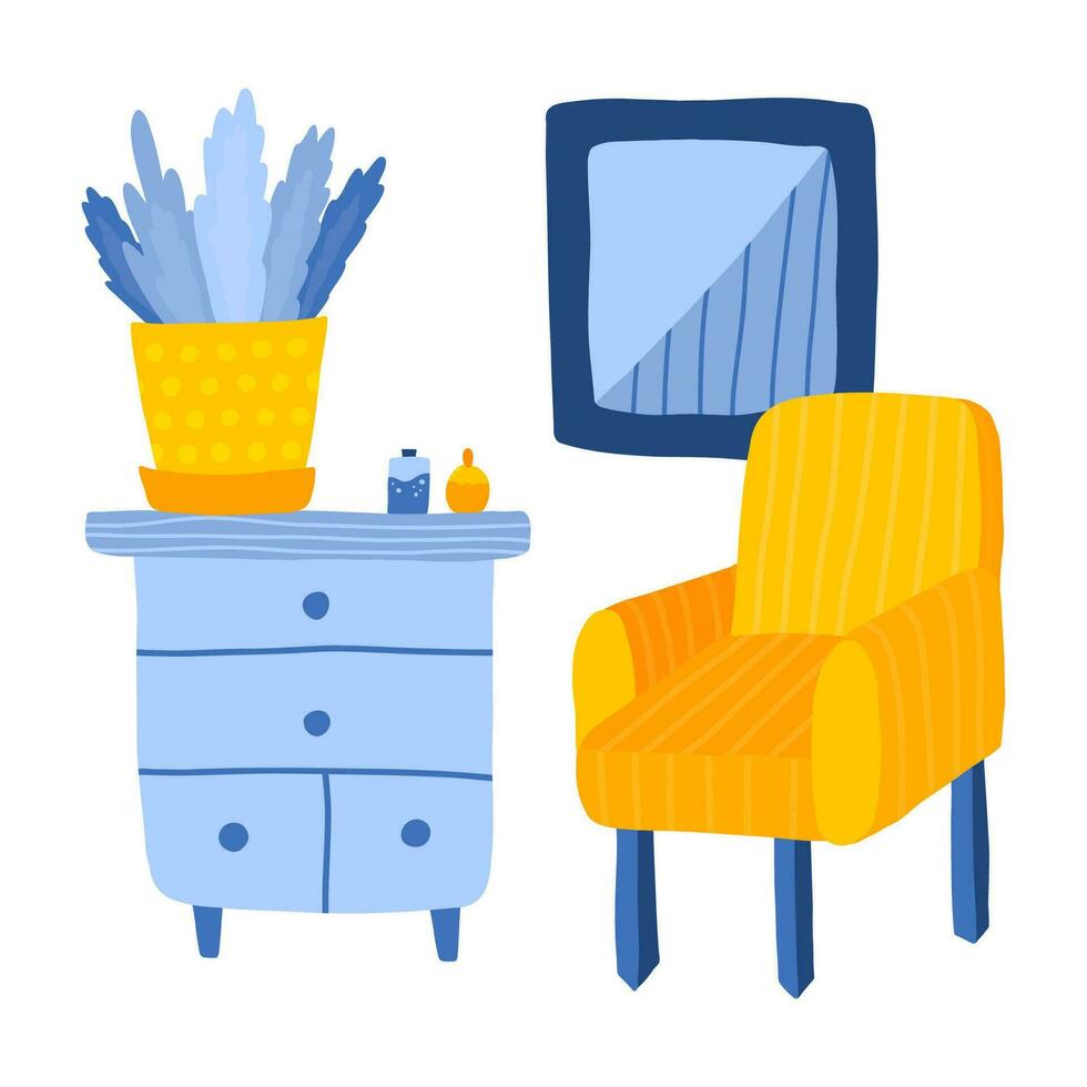 Trendy and bright living room interior. Lounge with armchair with legs, plant, picture frame, cabinet, bottles of perfume. Cartoon hand drawn illustration. Cozy domestic apartment with furniture. vector