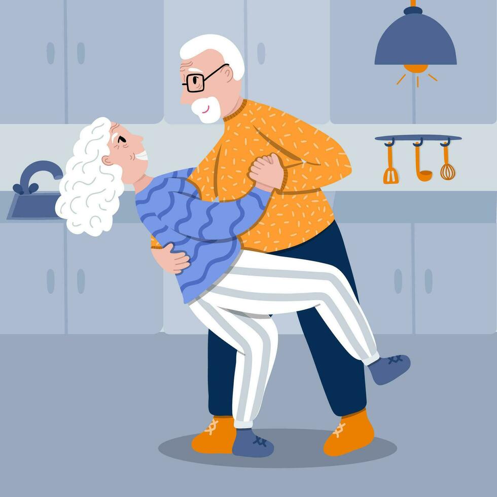 retirado mayor Pareja bailando juntos en el acogedor cocina. antiguo dama y Caballero bailando románticamente abuelo lo hace danza apoyo, abuela arcos atrás. estilizado vector mano dibujado ilustración.