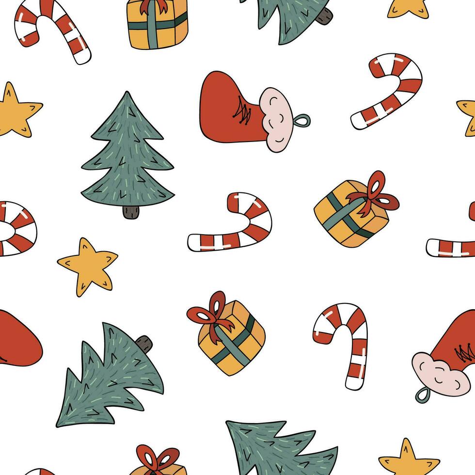 Christmas and New year seamless pattern with Christmas tree, Santa Claus sock, star, wrapped gift box with a bow, candy cane. Cute hand drawn vector illustrations on the beige background.
