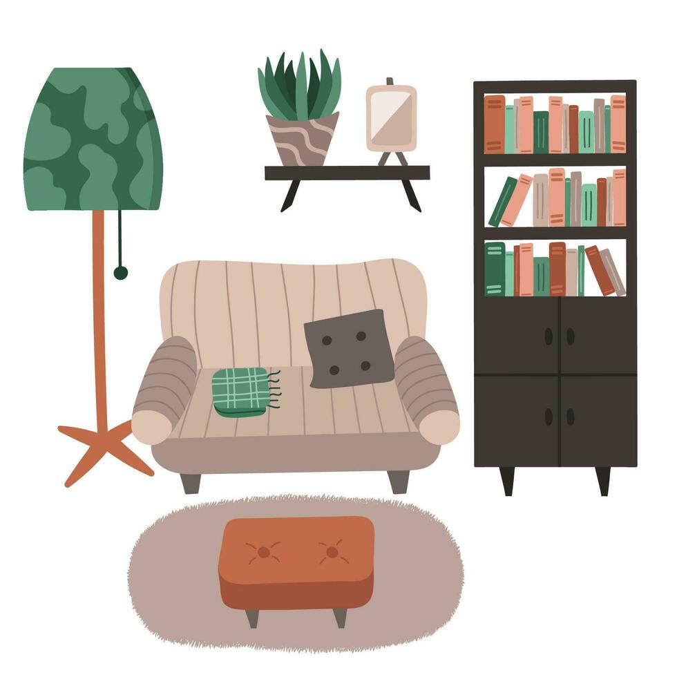 Living room interior in boho style. Lounge with sofa, bookcase, carpet, floor lamp, shelf, ottoman. Cartoon hand drawn illustration. Retro home inside with furniture. Cozy domestic apartment. vector