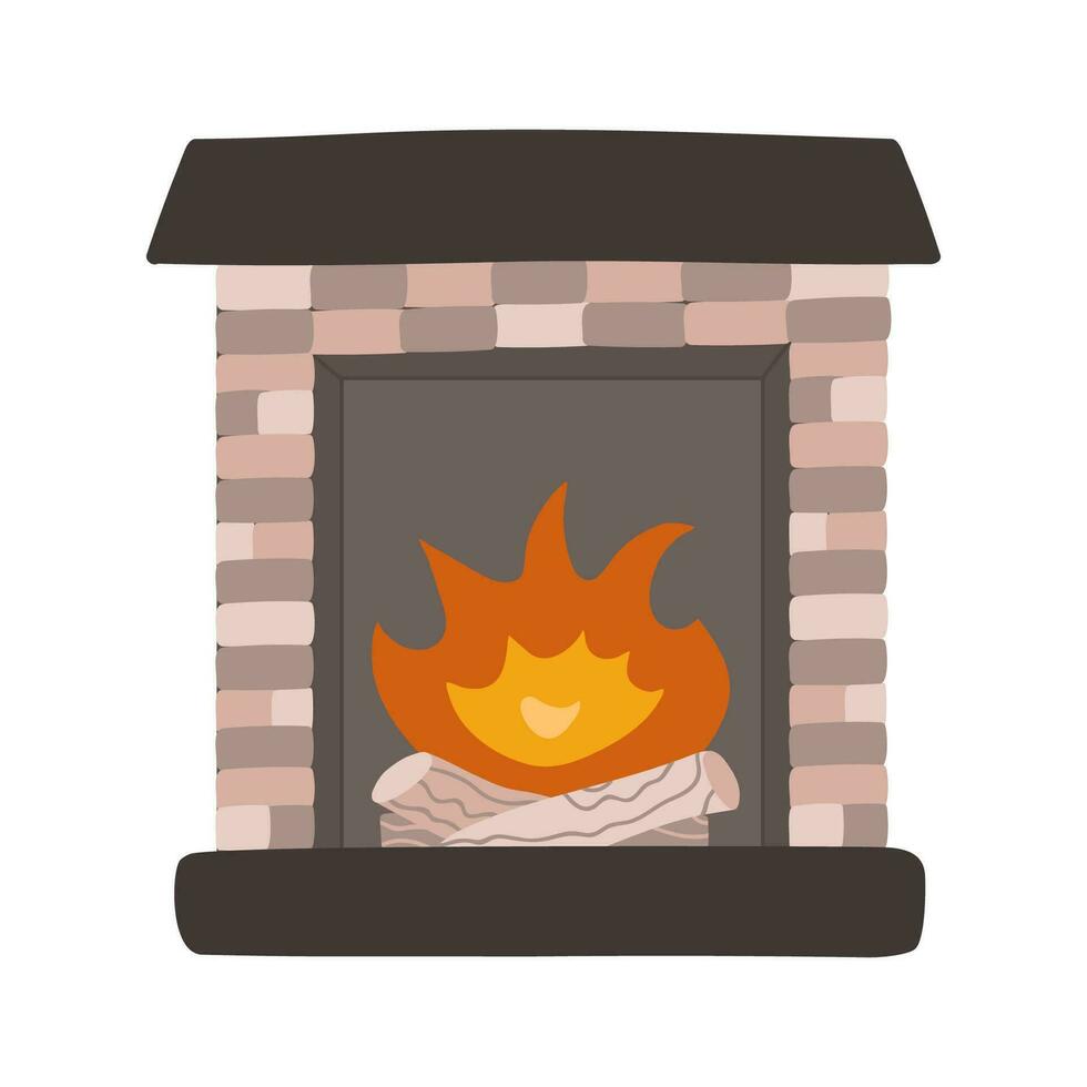 Cartoon fireplace with brickwork, fire on the firewood. Furniture for living room interior in boho style. Hand drawn vector illustration in beige and green colors. Cozy retro domestic apartment.