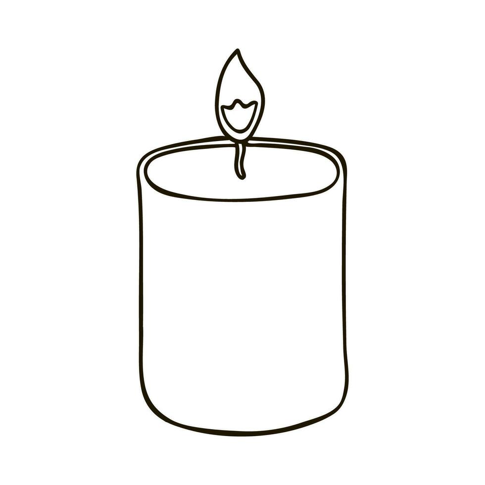 Hand drawn holiday candle with a flame in beige colors. Cozy clipart. Vector illustration with hand drawn outline isolated on background. Can be used for paper craft, fabric, sticker, scrap element.