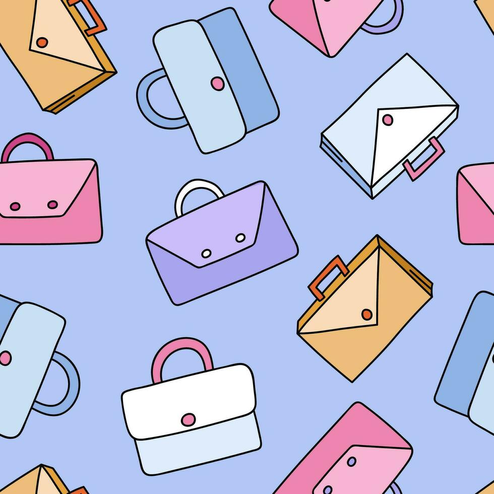 Cute and colorful vector seamless hand drawn pattern with different colorful briefcases. Can be used for, wrapping paper, bedclothes, notebook, packages, gift paper.