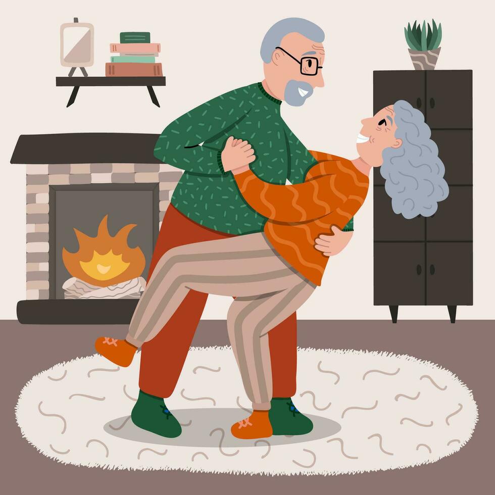 retirado mayor Pareja bailando juntos en el vivo habitación. antiguo dama y Caballero bailando románticamente abuelo lo hace danza apoyo, abuela arcos atrás. estilizado vector mano dibujado ilustración.