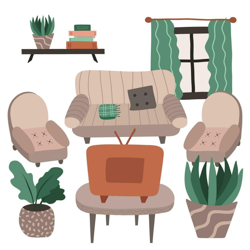 Living room interior in boho style. Lounge with sofa, armchairs, bookshelf, retro TV, coffee table, plants. Cartoon hand drawn illustration. Retro home inside with furniture. Cozy domestic apartment. vector