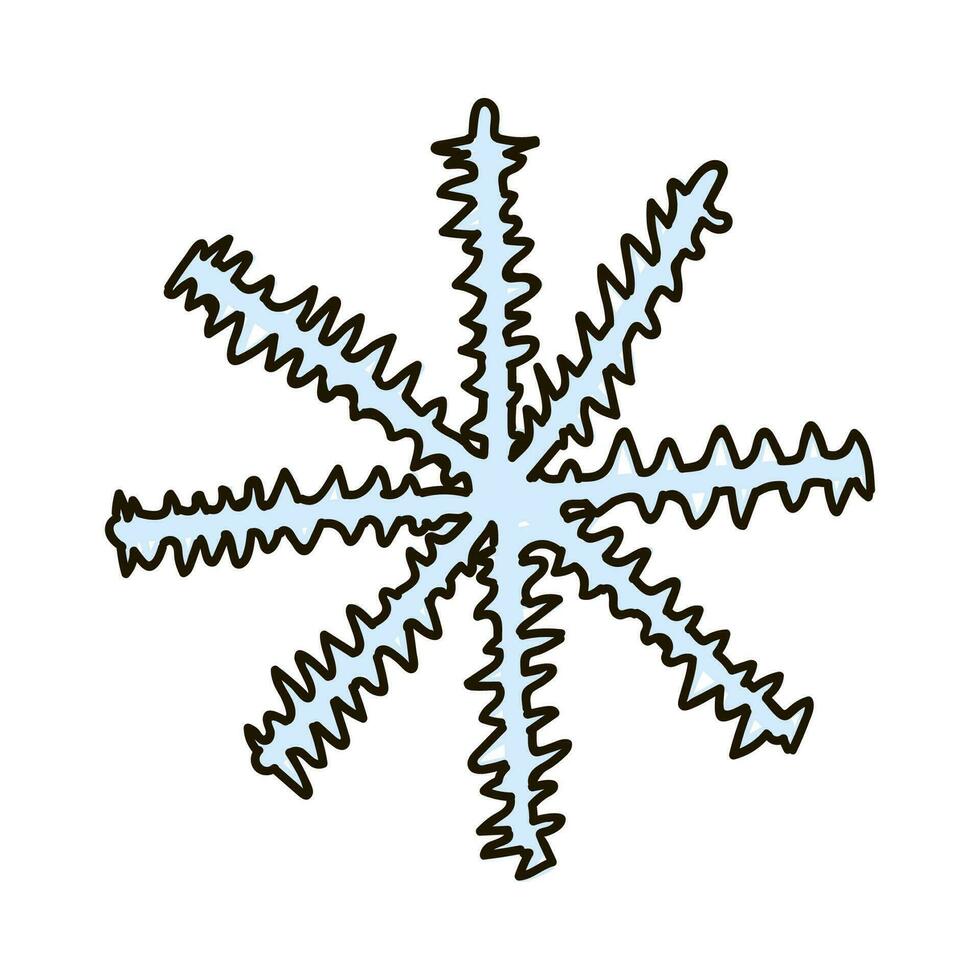 Hand drawn snowflake in doodle style. Christmas, winter sign, cozy clipart. Vector illustration with doodle outline isolated on background. Can be used for paper craft, fabric, sticker, scrap element.