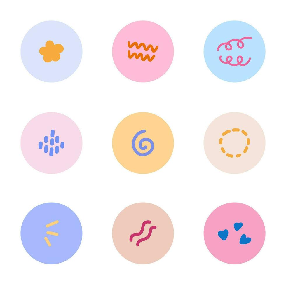 Modern and cute highlights for different social media, bloggers, companies, brands with different abstract shapes, dots, wave, heart, flower, drop. swirl. Vector hand drawn cliparts in pastel colors.