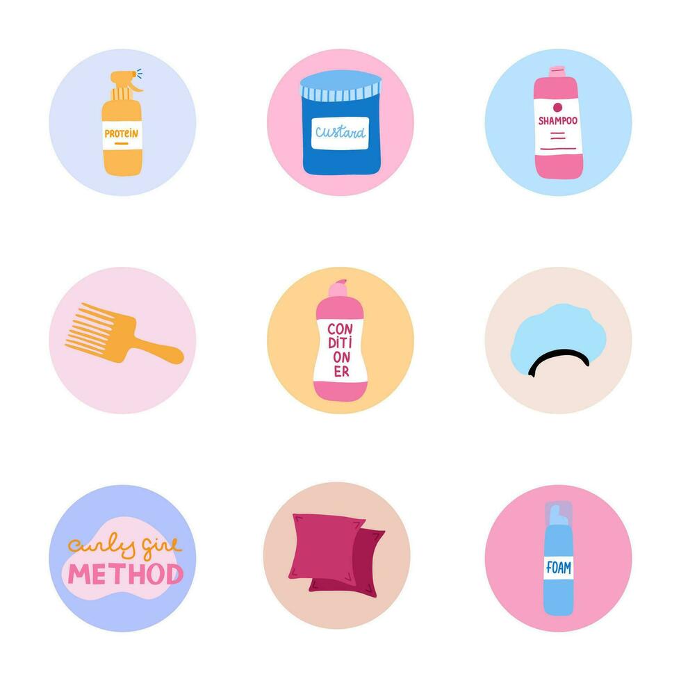 linda Destacar para diferente social medios de comunicación, bloggers y empresas acerca de cosmético productos para Rizado niña método, Rizado pelo rutina. vector mano dibujado clipart ilustraciones en brillante paleta.