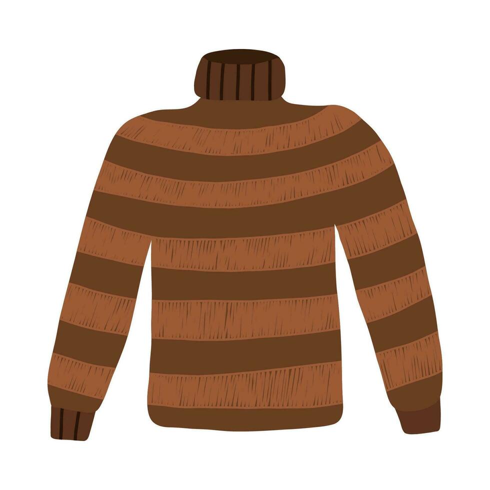 Cute autumn sweater for cold weather with horizontal stripes and big neck. Knitted warm clothes with modern design. Hygge hand drawn clip art isolated on background in scandinavian style. vector
