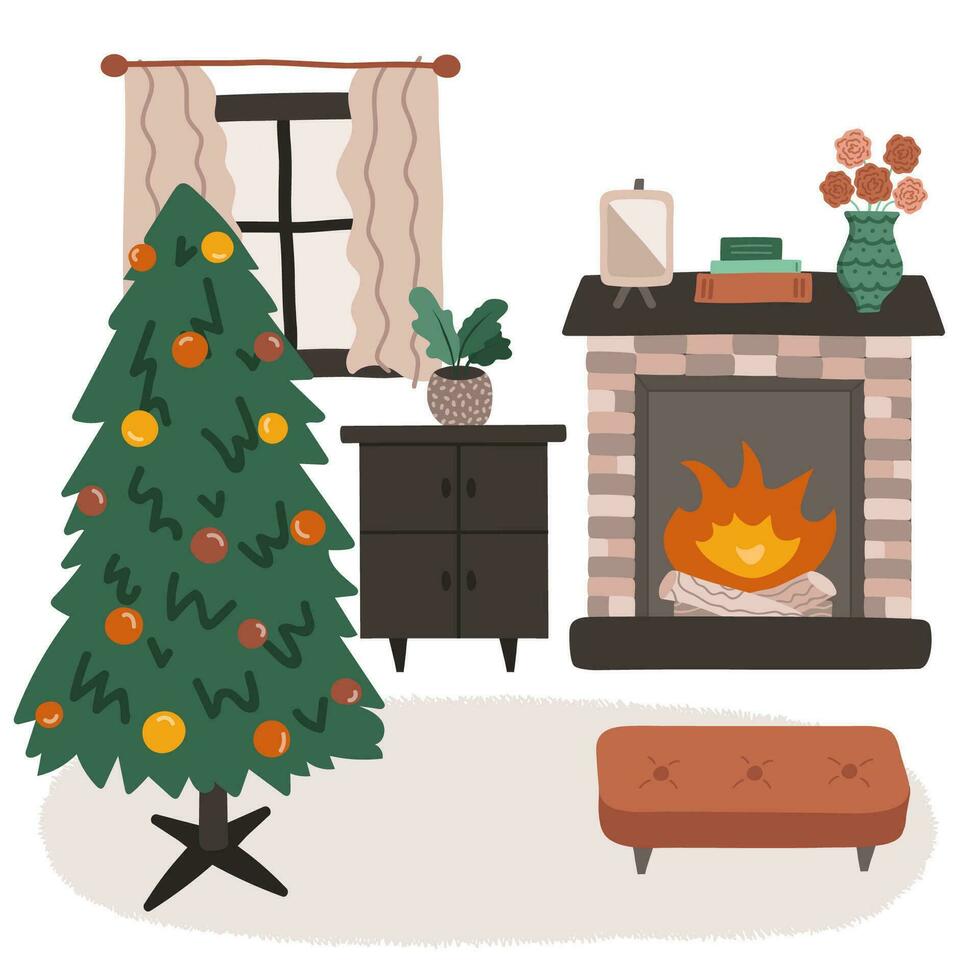 Living room interior in boho style. Lounge with carpet, dresser, fireplace, decorated christmas tree. Cartoon hand drawn illustration. Retro home inside with furniture. Cozy domestic apartment. vector