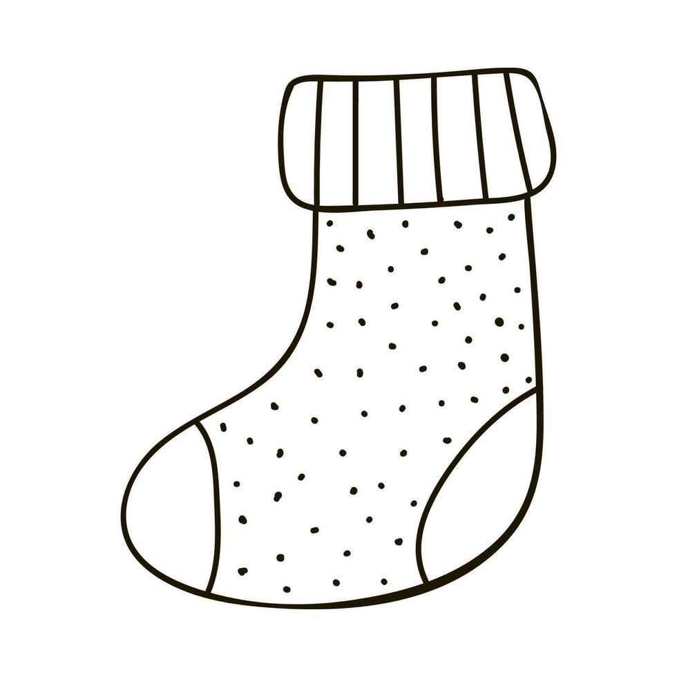 Hand drawn warm knitted sock with cute decor in doodle style. Christmas, winter sign, cozy clipart. Vector illustration with hand drawn outline isolated on background. For paper craft, sticker.