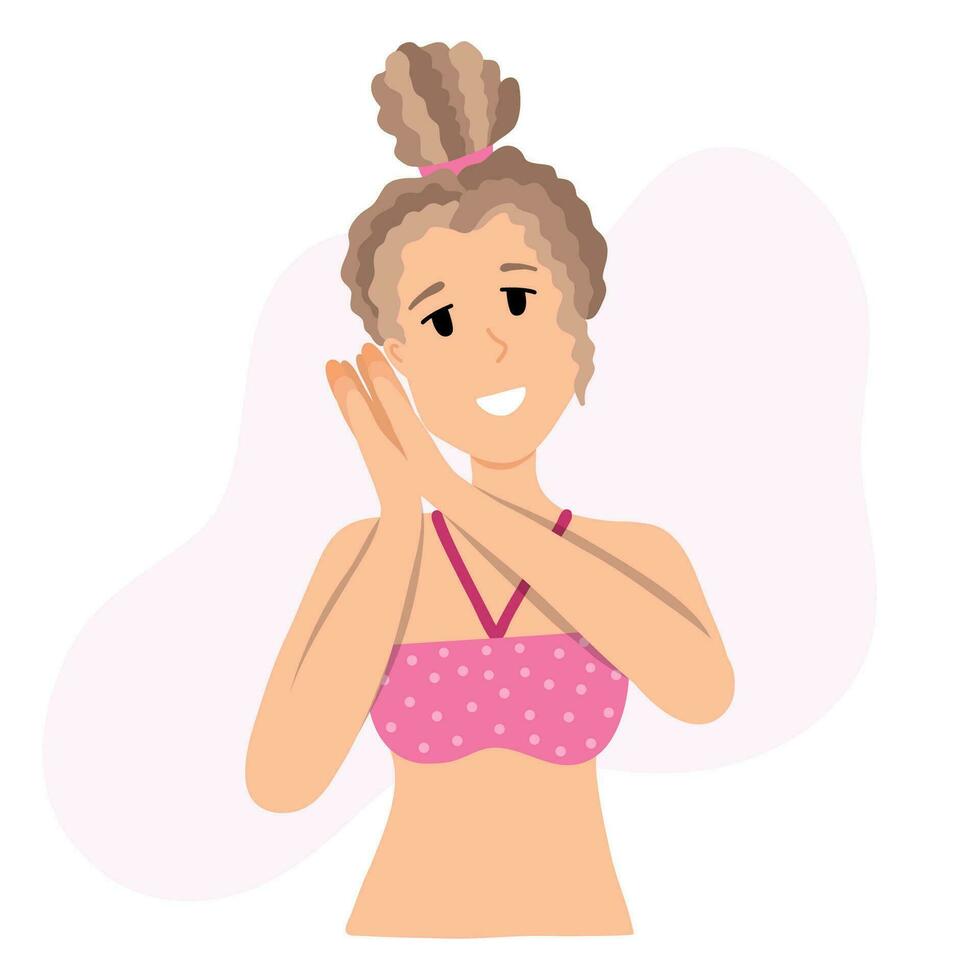 Young woman in the swimsuit and top knot bun is going to sleep. Girl puts her hands together at her ear as a sign of sleep and tilts head. Cute girl isolated on background. Hand drawn vector. vector