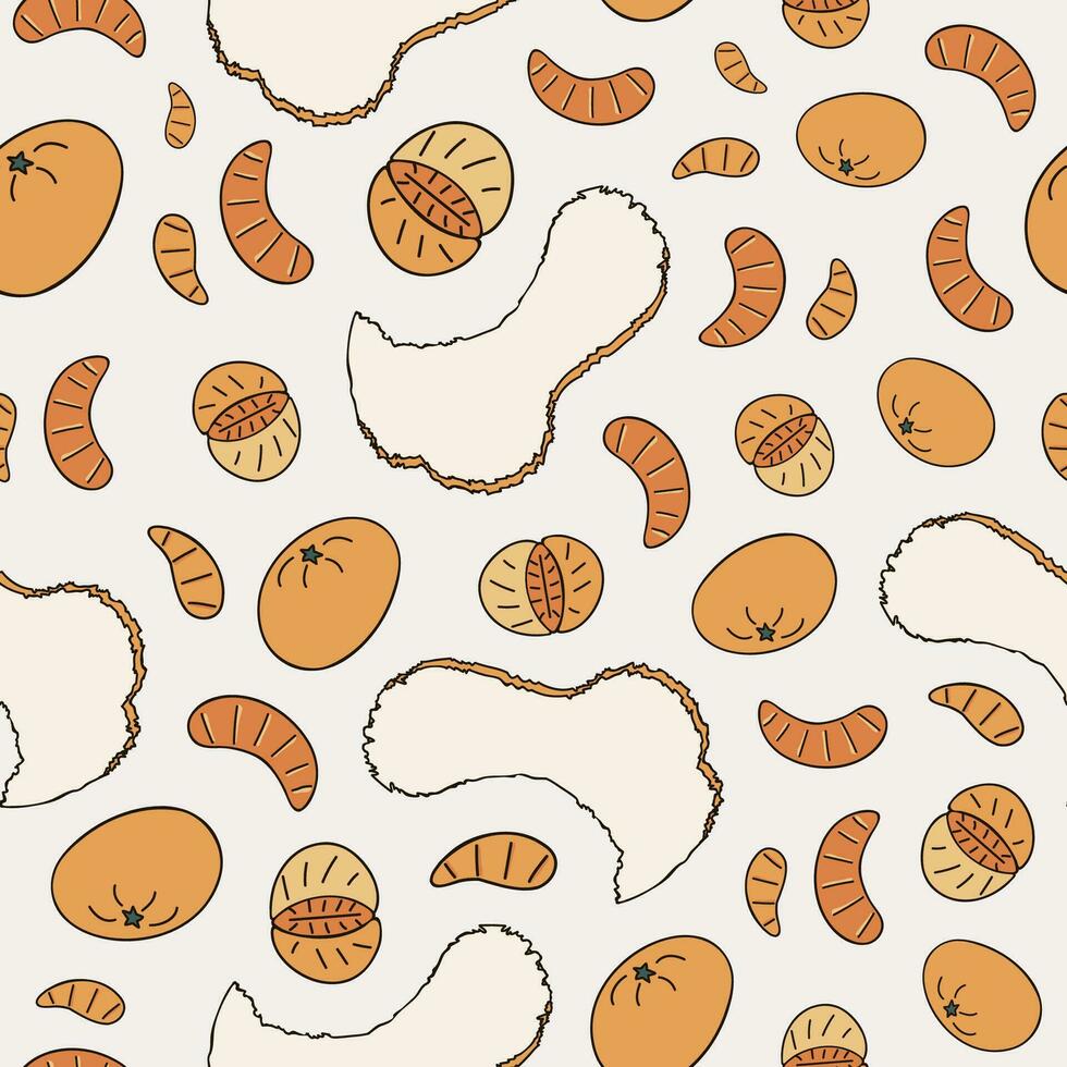 Christmas and New year seamless pattern with mandarin in different shapes whole, tangerine slices, peel. Cute hand drawn vector illustrations on beige background. For gift paper, textile, notebook.