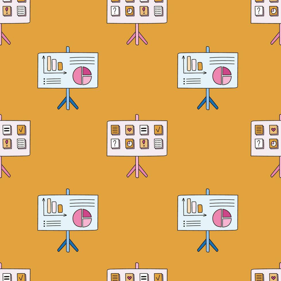 Cute and colorful vector seamless hand drawn pattern with flipchart for presentations with charts, diagram, stickers. Can be used for, wrapping paper, bedclothes, notebook, packages, gift paper.