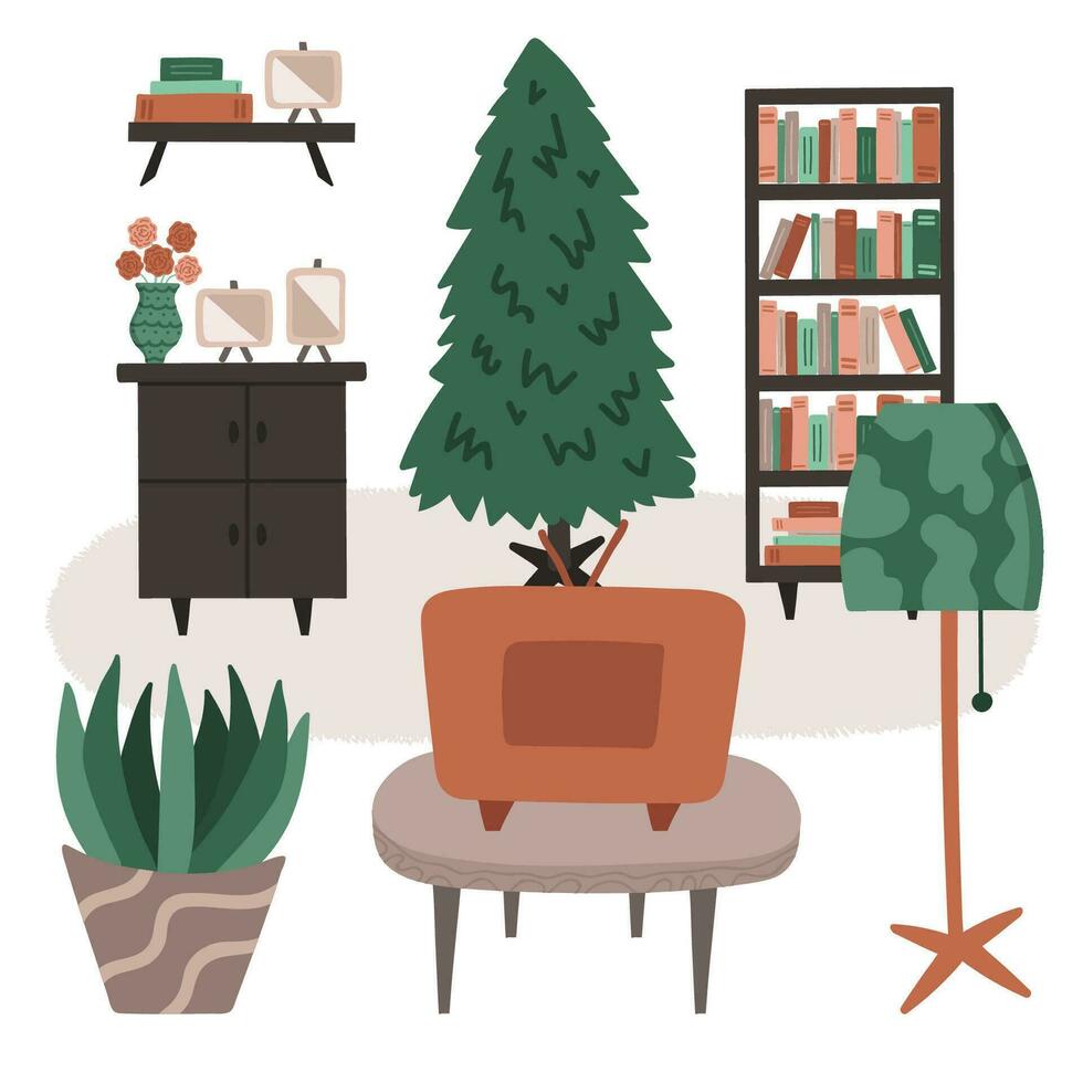 Living room interior in boho style. Lounge with bookcase, retro TV, coffee table, carpet christmas tree. Cartoon hand drawn illustration. Retro home inside with furniture. Cozy domestic apartment. vector