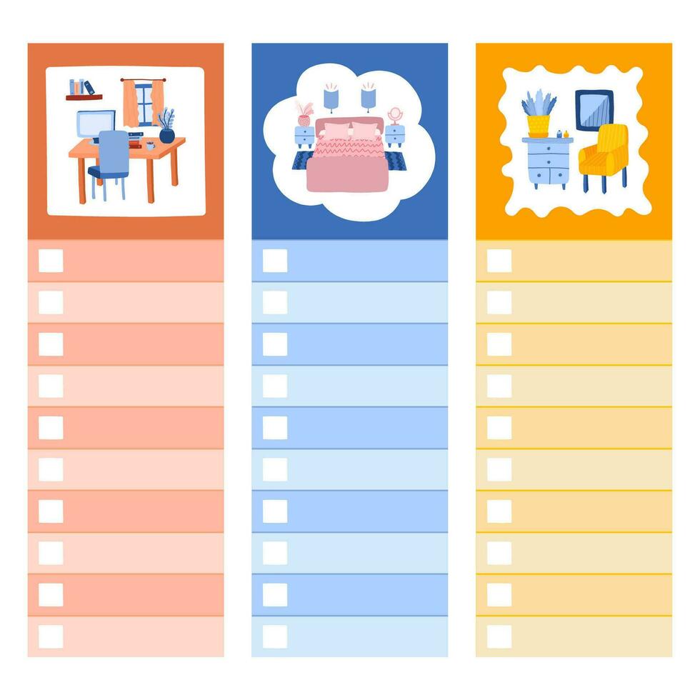 Scrapbook templates for planner with blank inputs with cartoon illustrations with home interior. With printable, editable illustrations. For school, university schedule. For tasks, notes, thoughts. vector