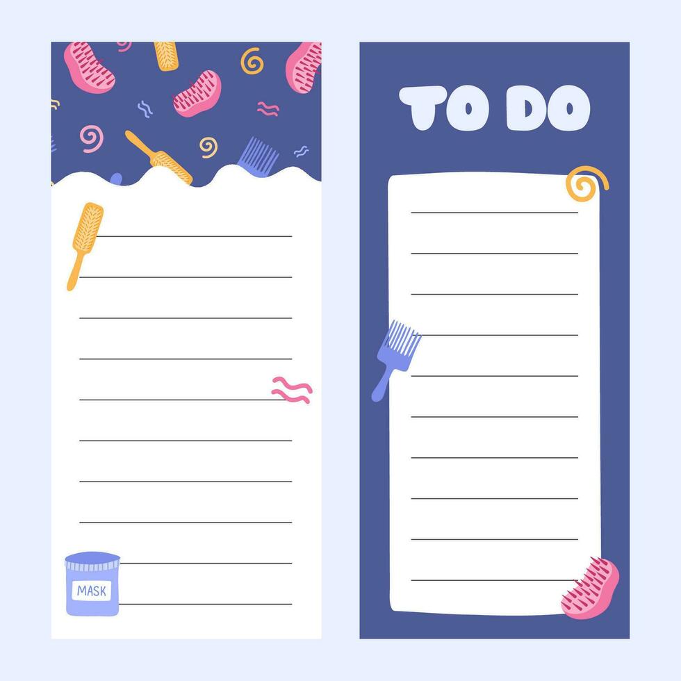 Cute scrapbook templates for planner. Notes, to do, to buy and other with colorful illustrations with cosmetic hair products. With printable, editable illustrations. For school, university schedule. vector