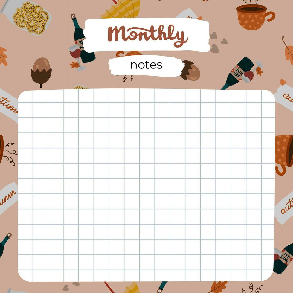 Cozy scrapbook templates for planner. Notes, to do, to buy and other with hygge autumn clip arts of seasonal clothes, drinks, decor. With editable illustrations. For school, university schedule. vector