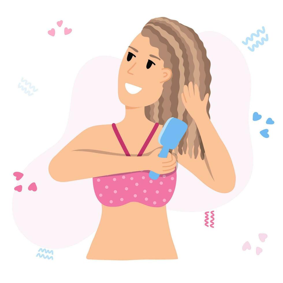 Young woman's combing curly hair with brush. Girl tilts his head to the side and holds in her hand hairbrush. Concept of hair routine in steps. Cute hand drawn clipart. Vector isolated on background.