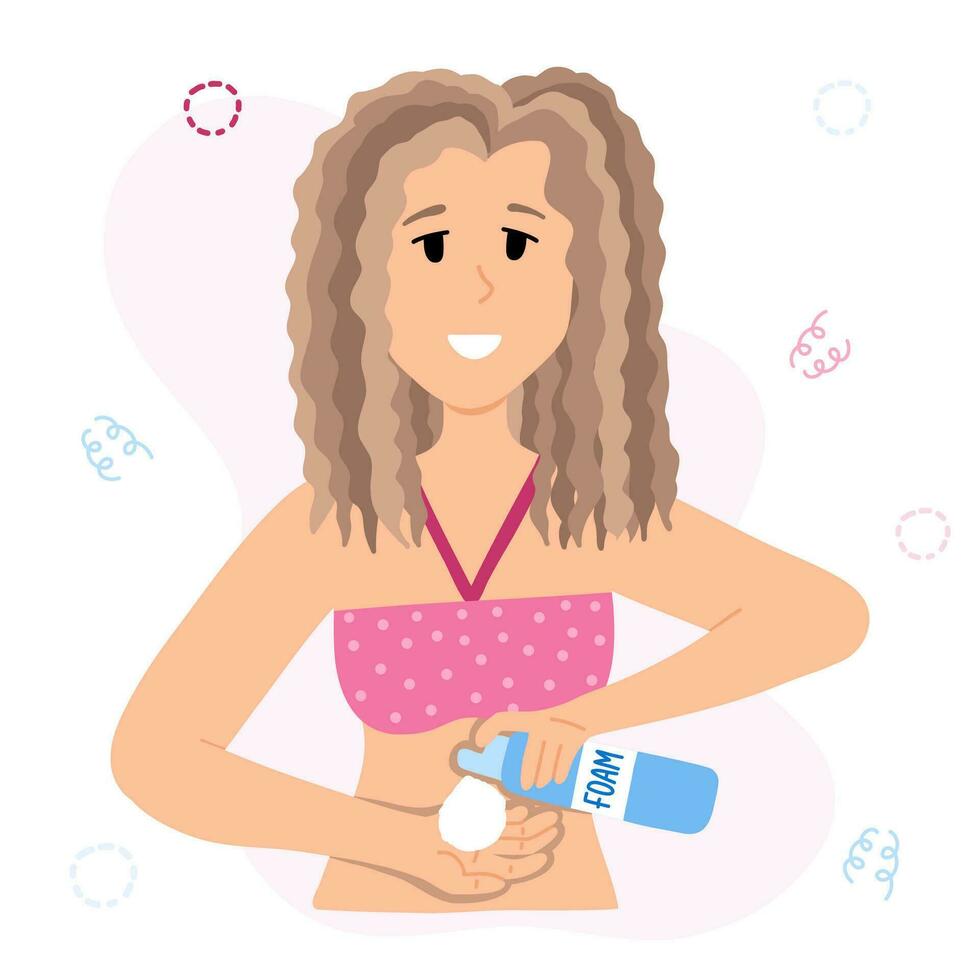 Young woman is styling curly hair with a foam. Girl holds in her hand bottle of the mousse and squeezes out a ball of foam. Concept of hairstyling by Curly Girl Method. Hair routine step by step. vector