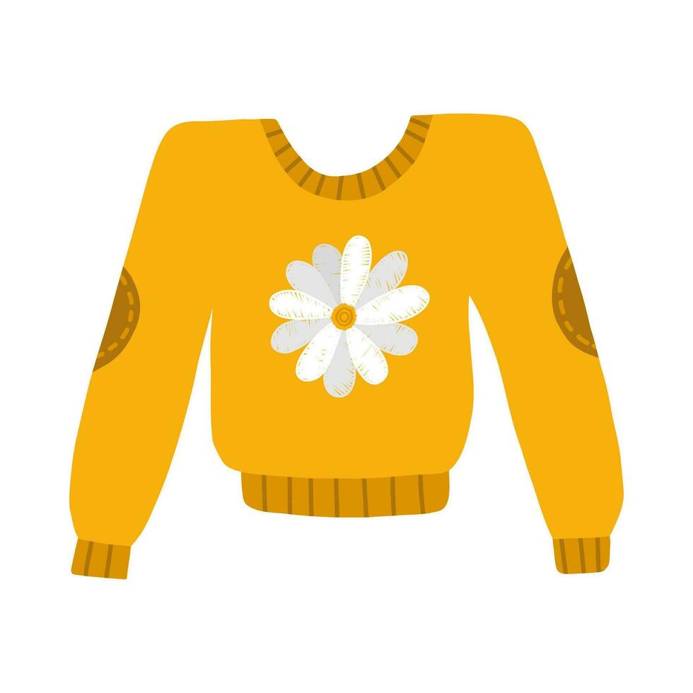 Cute autumn shortened sweater or jumper for cold weather with embroidered chamomile. Knitted warm clothes with modern design. Hygge hand drawn clip art isolated on background in scandinavian style. vector