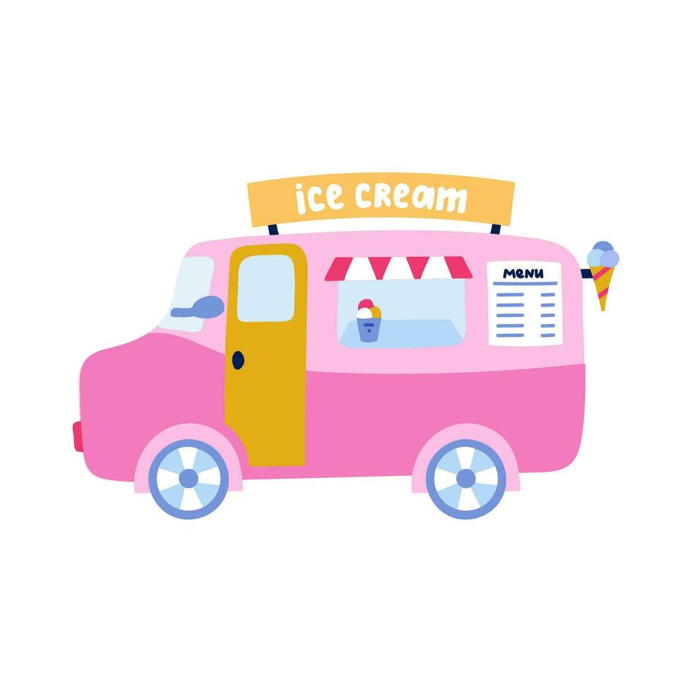 Cute hand drawn retro ice cream van. Isolated doodle on the white background. Classic summer ice cream truck. Side view vector illustration. Sign of carnival, childhood, vacation, holiday