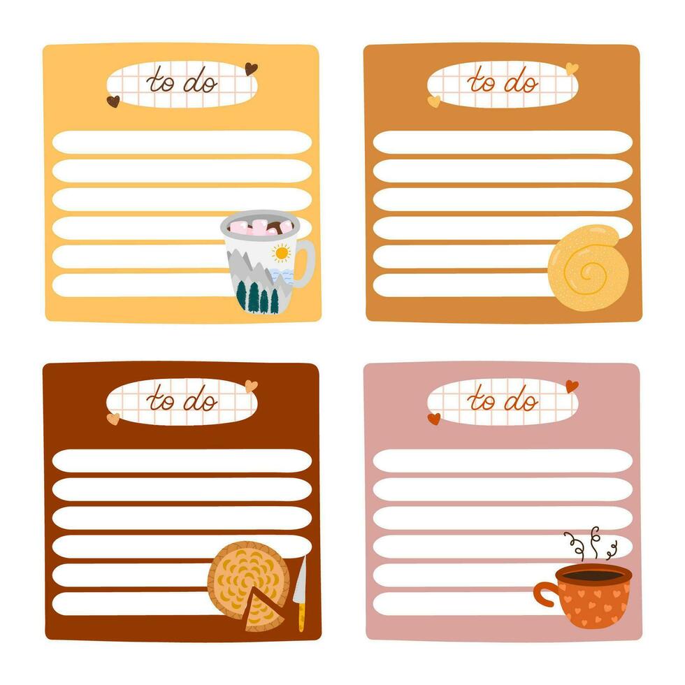 Cozy scrapbook templates for planner. Notes, to do, to buy and other with hygge autumn clip arts of seasonal clothes, drinks, decor. With editable illustrations. For school, university schedule. vector