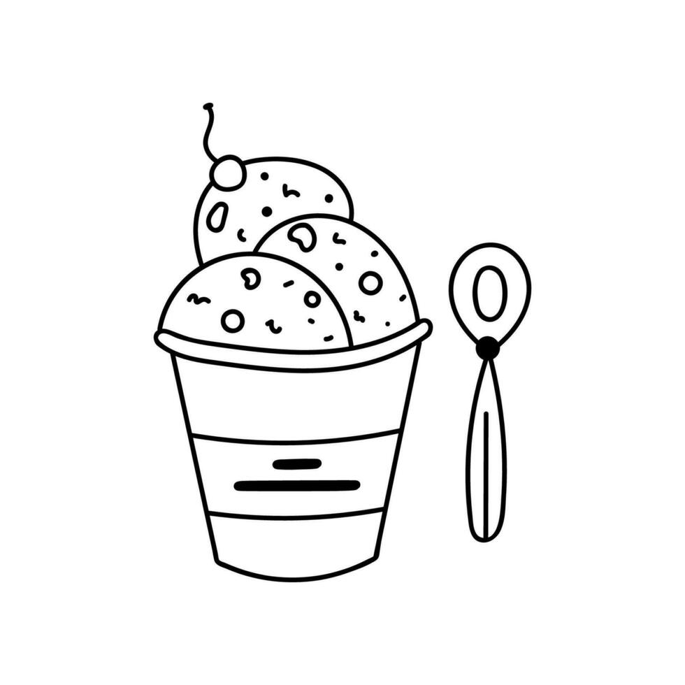 Cute and simple ice cream doodle. Cold dessert for summer days. Tasty sweer food. Sign of holiday, vacation, hot weather. Simple hand drawn clipart isolated on the background with hand drawn outline. vector