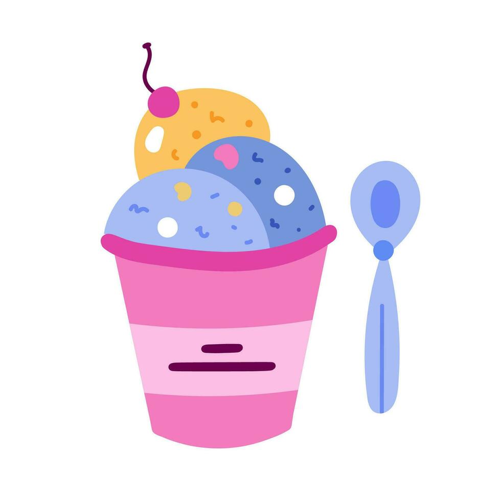 Cute and simple ice cream doodle. Cold dessert for summer days. Tasty sweer food. Sign of holiday, vacation, hot weather. Simple colorful hand drawn clipart isolated on the background vector