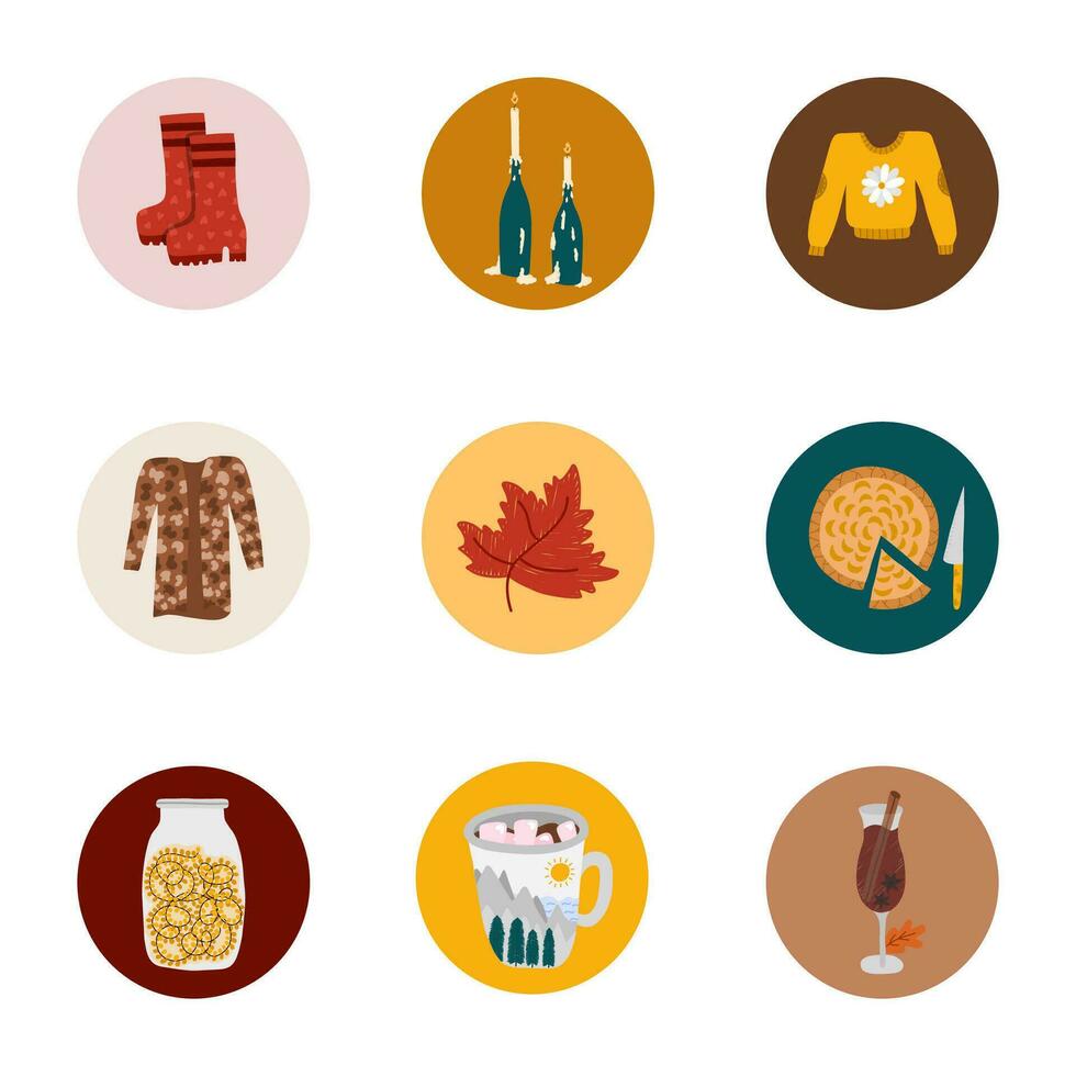Cozy and cute highlights for different social media, bloggers, companies, brands with hygge autumn clip arts of seasonal clothes, food and drinks, decor. Vector hand drawn clip arts in pastel colors.