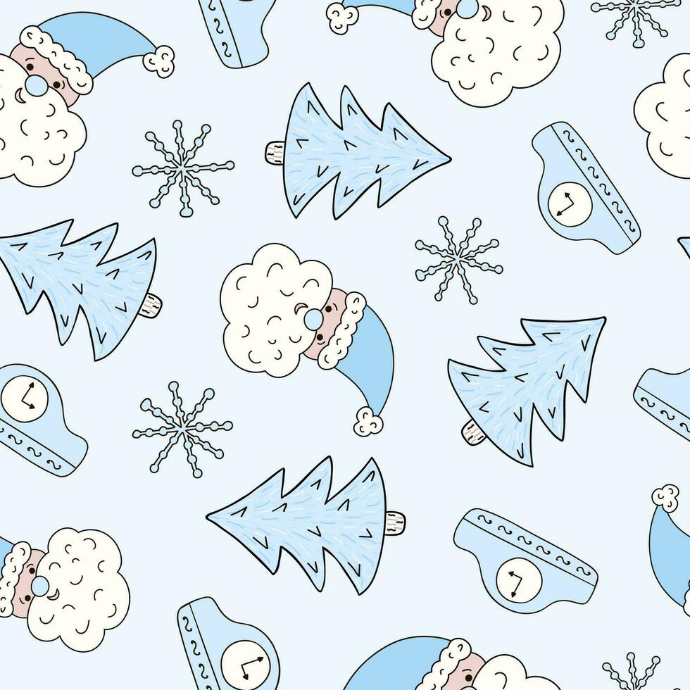 Navidad y nuevo año sin costura modelo con Papa Noel claus cara cerca arriba, Navidad árbol, copo de nieve, reloj. mano dibujado vector ilustraciones en azul antecedentes. para envase papel, textil, cuaderno.