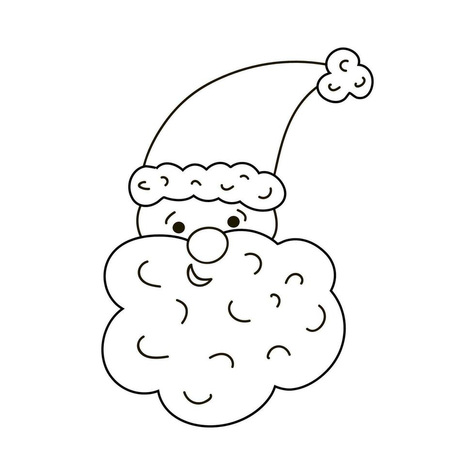 Christmas vector smiling Santa Claus in the hat with a fur, big curly beard. Face close up. Christmas sign, cozy clipart. Cute illustration with hand drawn doodle outline isolated on background.