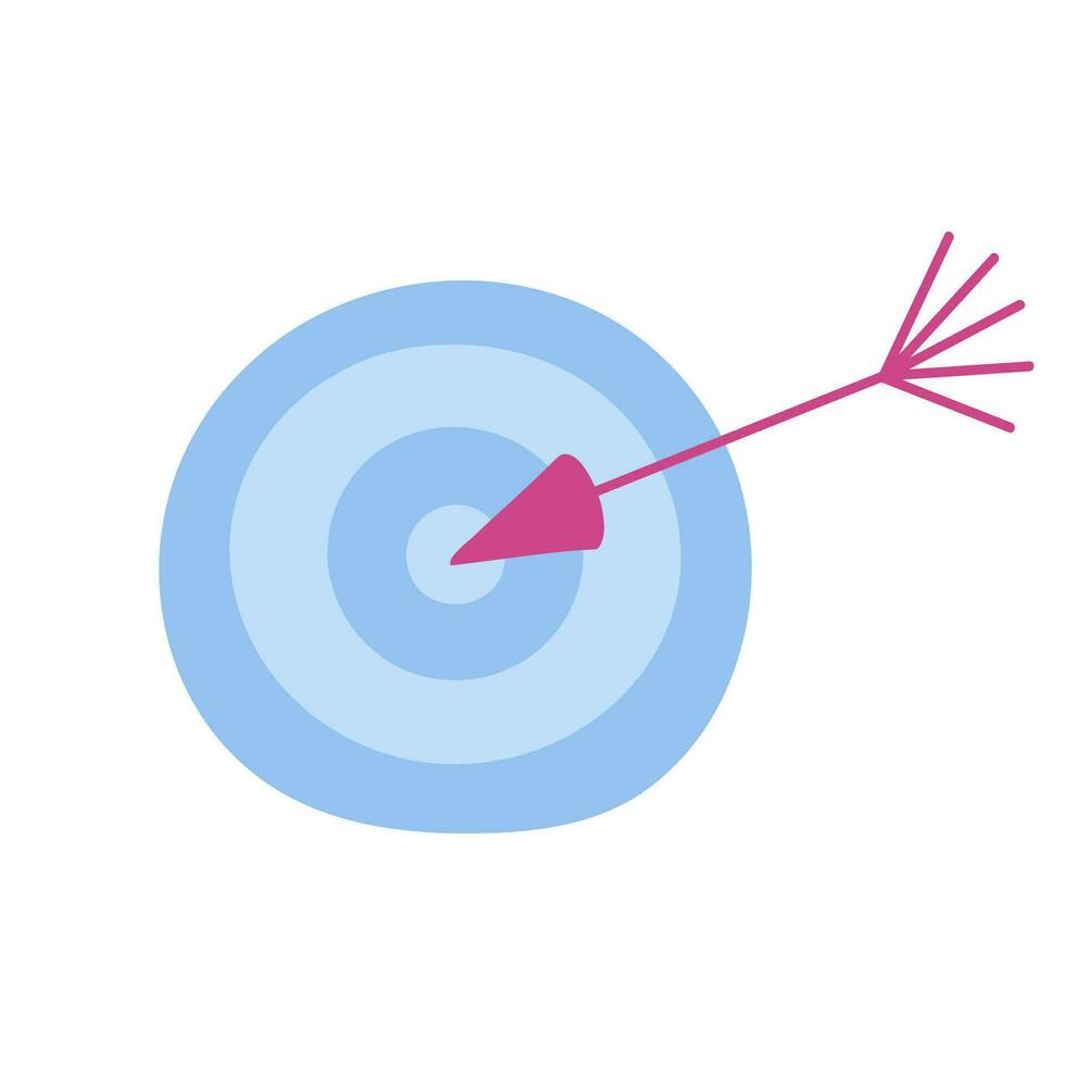 Cute hand drawn target with arrow in the center in cartoon style. Explaining business processes, achievements of goals, plans, tasks. Colorful vector illustration isolated on background.