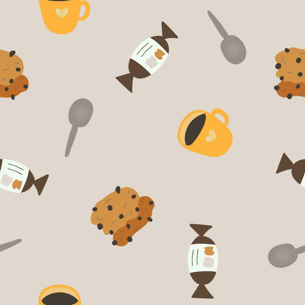 Cute simple seamless pattern with coffee mug, kettle, cookies, tea bag in the pastel palette. Endless backdrop with cozy home for wrapping paper, background, fabric. Hand drawn vector doodle.