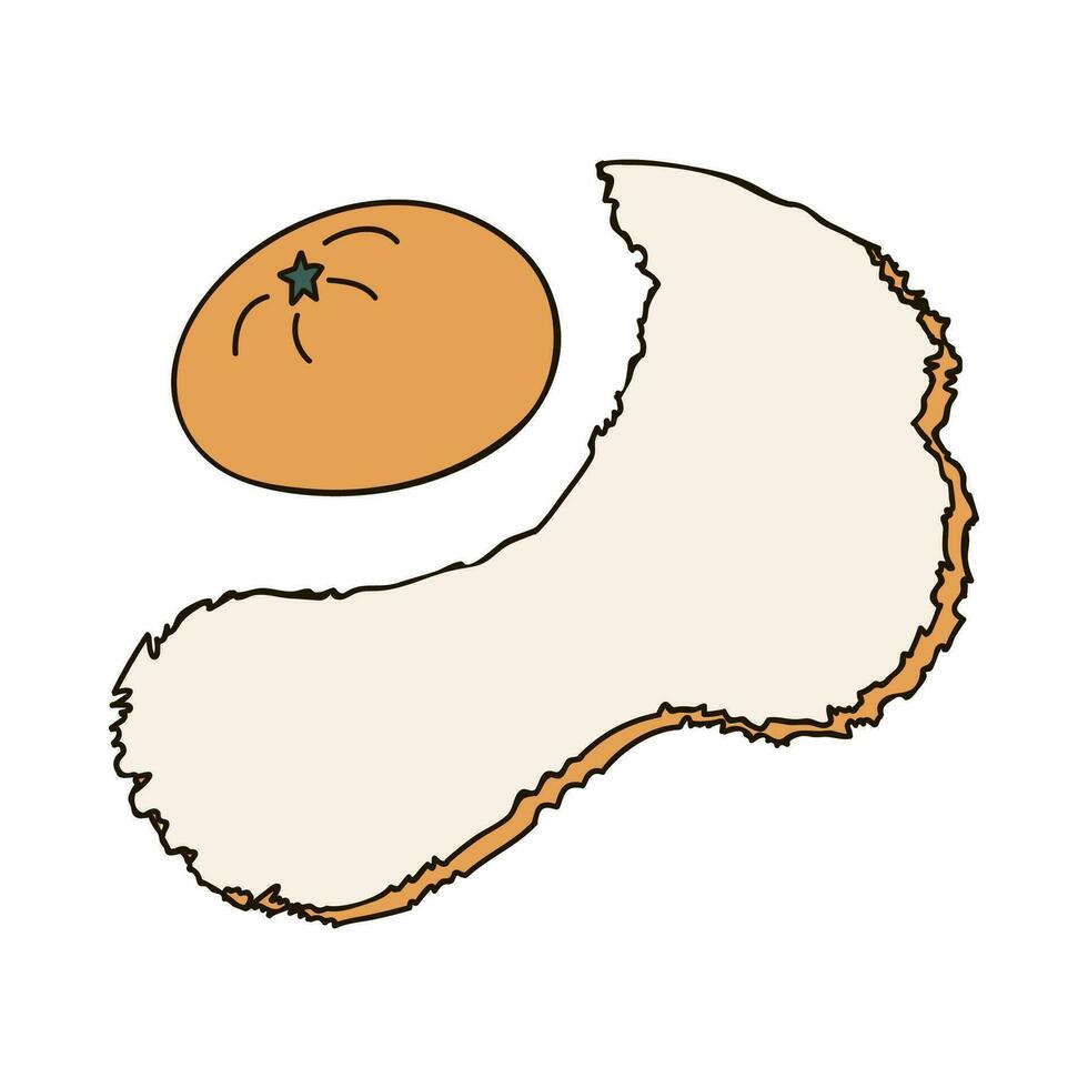 Hand drawn orange mandarin with open peel. Cute stylized christmas sign, for stickers, planners, scrap elements, social media. Vector illustration with hand drawn outline isolated on background.