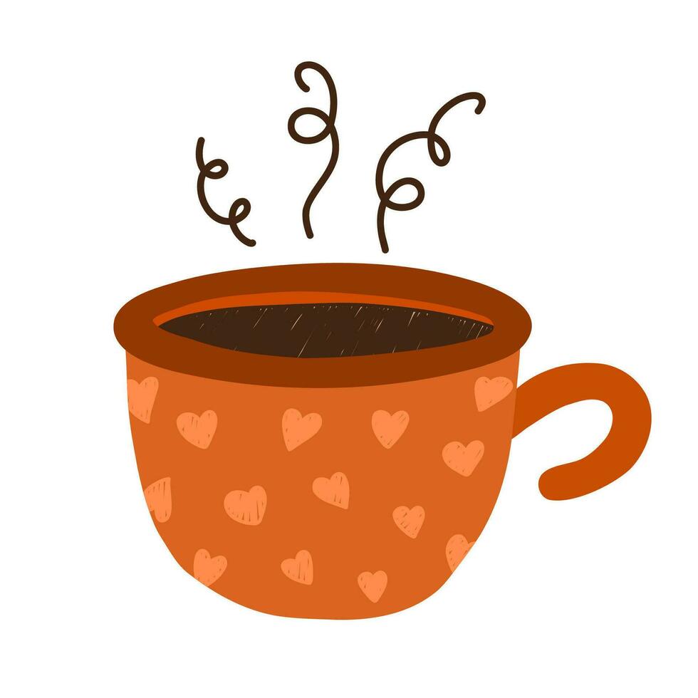 Cozy autumn clip art with seasonal drink. Cute cup of coffee with hearts and steam above mug. Hygge hand drawn illustration isolated on background. Can be used for fabric, sticker, scrapbooking. vector